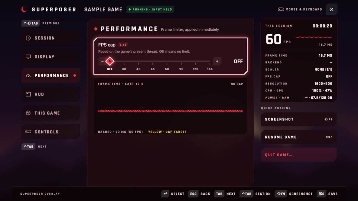 Superposer's full in-game overlay on a generic sample scene: Performance page with an FPS cap slider from off to 144, a frame-time graph, session stats at 60 frames per second, and Screenshot, Resume and Quit actions.